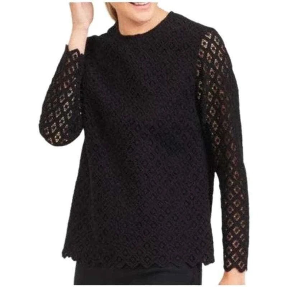 J McLaughlin Black Lace Overlay Long Sleeve Zipper Back Top Women's Size Medium